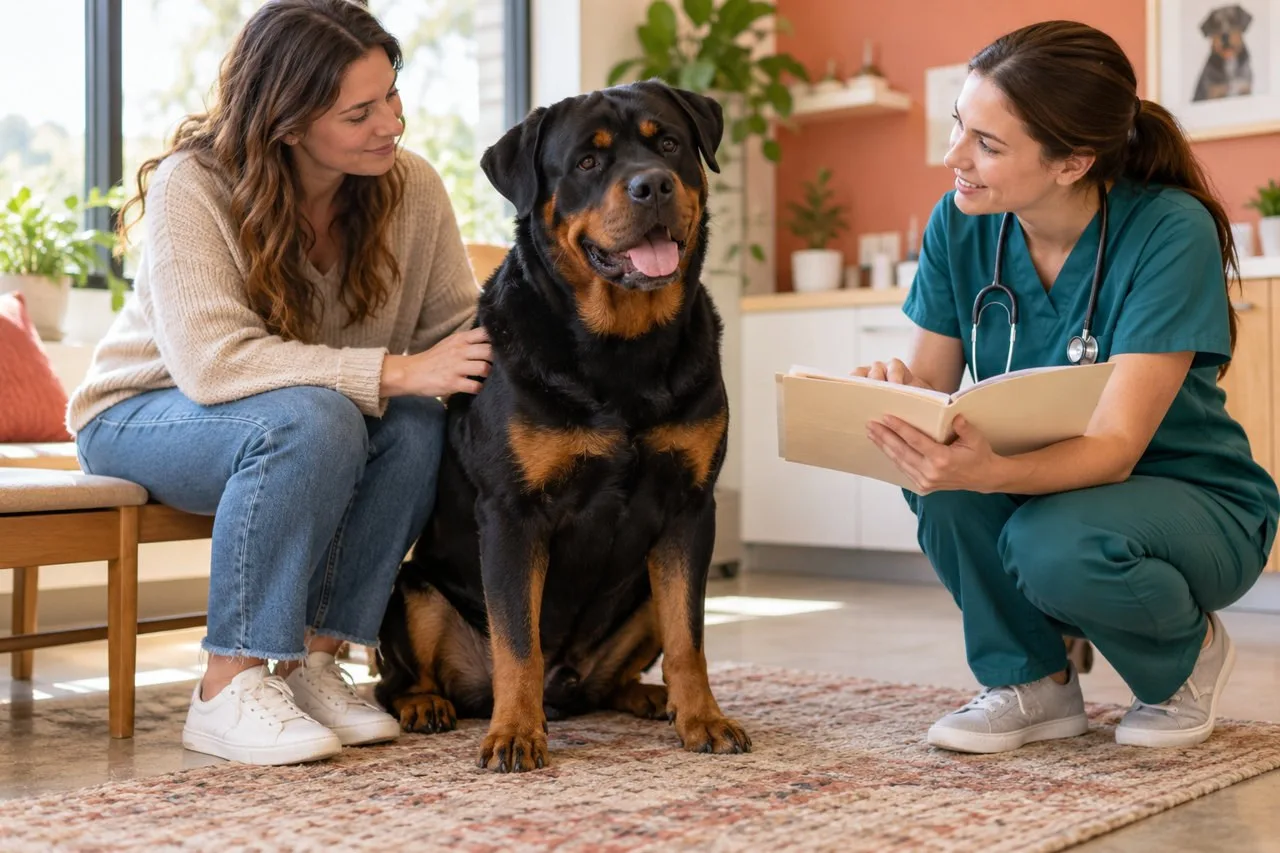 Owner and veterinarian reviewing a folder beside a black-and-tan dog