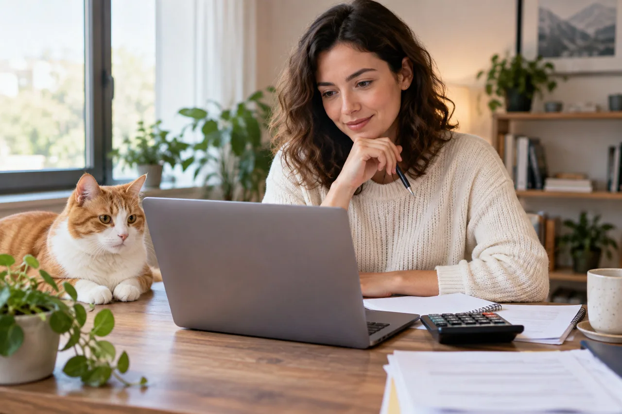 Owner reviewing information on a laptop beside a cat